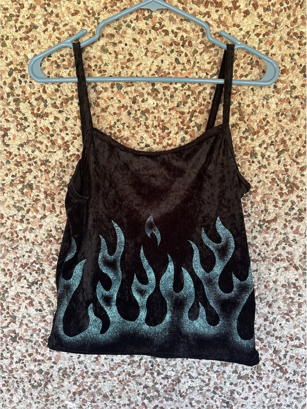 Y2K Wish Brand Black Velvet Flame Cami Tank Top Grunge Metallic